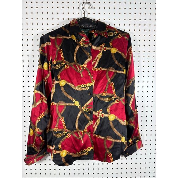 Lauren Ralph Lauren equestrian print button down silk blouse size PM - Picture 1 of 5